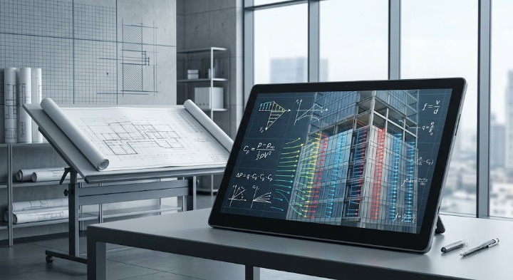 Structural engineer analyzing the wind load calculation formula for SBC 301 compliance